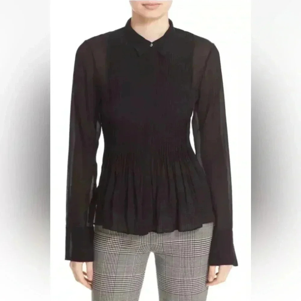 Theory 'Dionelle' Pintuck Pleat Textured Chiffon Black Sheer Blouse 100% Silk S